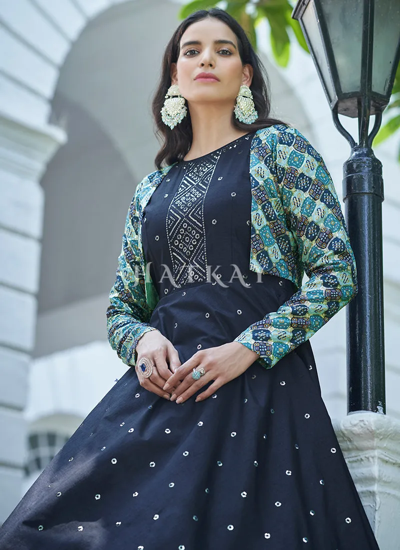 Navy Blue Sequence Embroidered Jacket Anarkali Gown