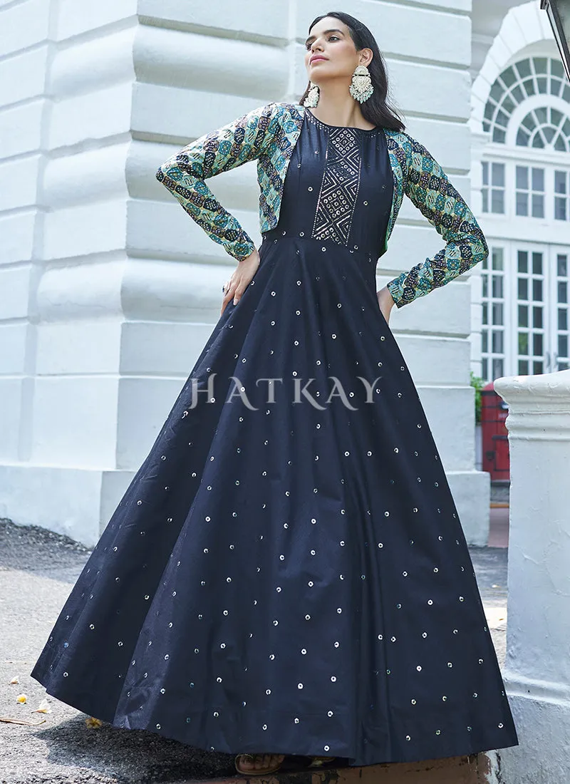 Navy Blue Sequence Embroidered Jacket Anarkali Gown