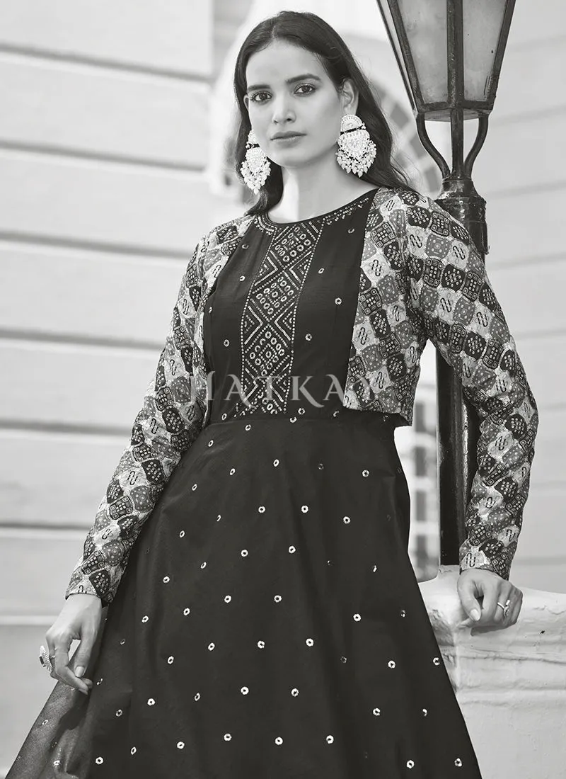 Navy Blue Sequence Embroidered Jacket Anarkali Gown