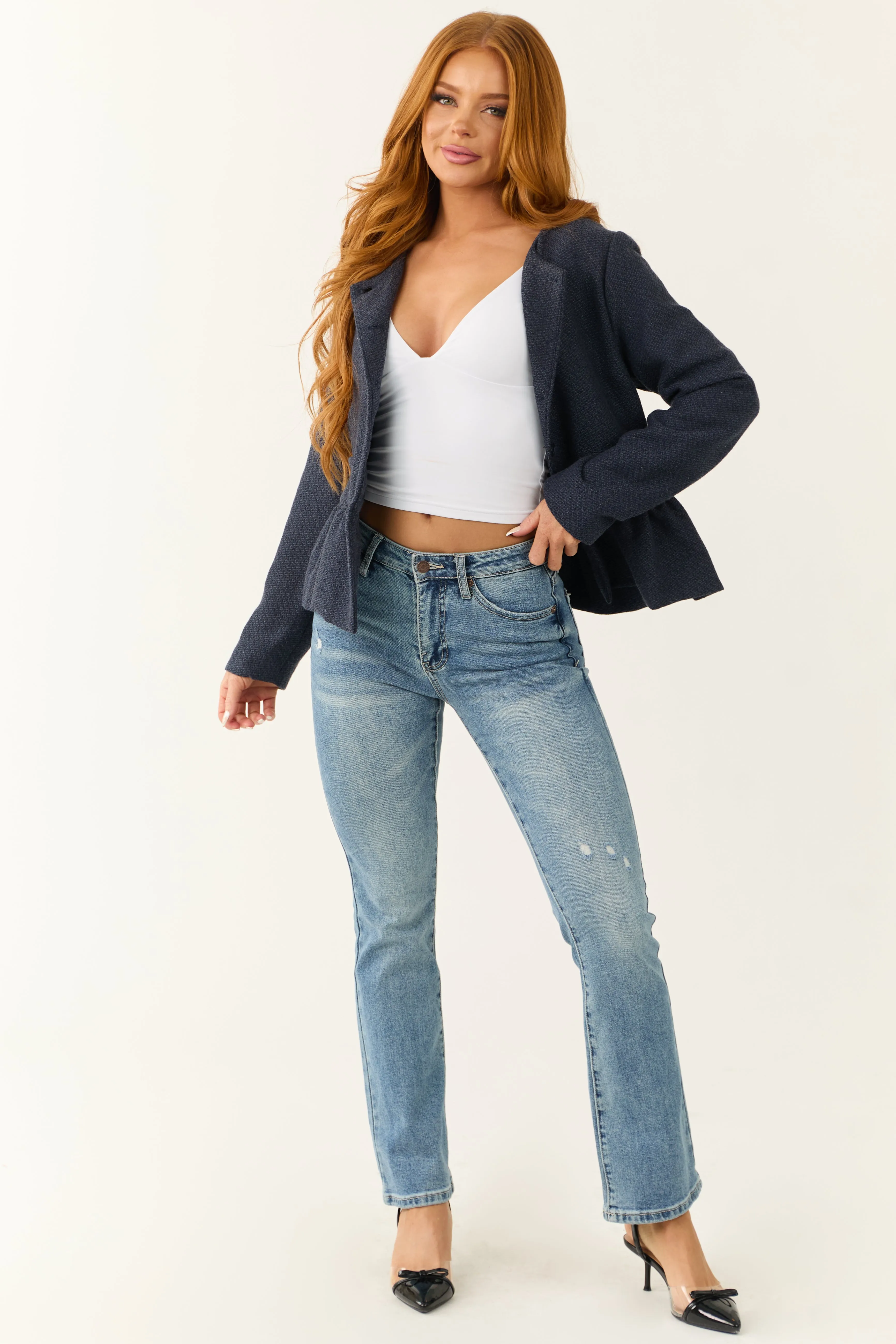 Navy Button Down Ruffle Hem Long Sleeve Cardigan