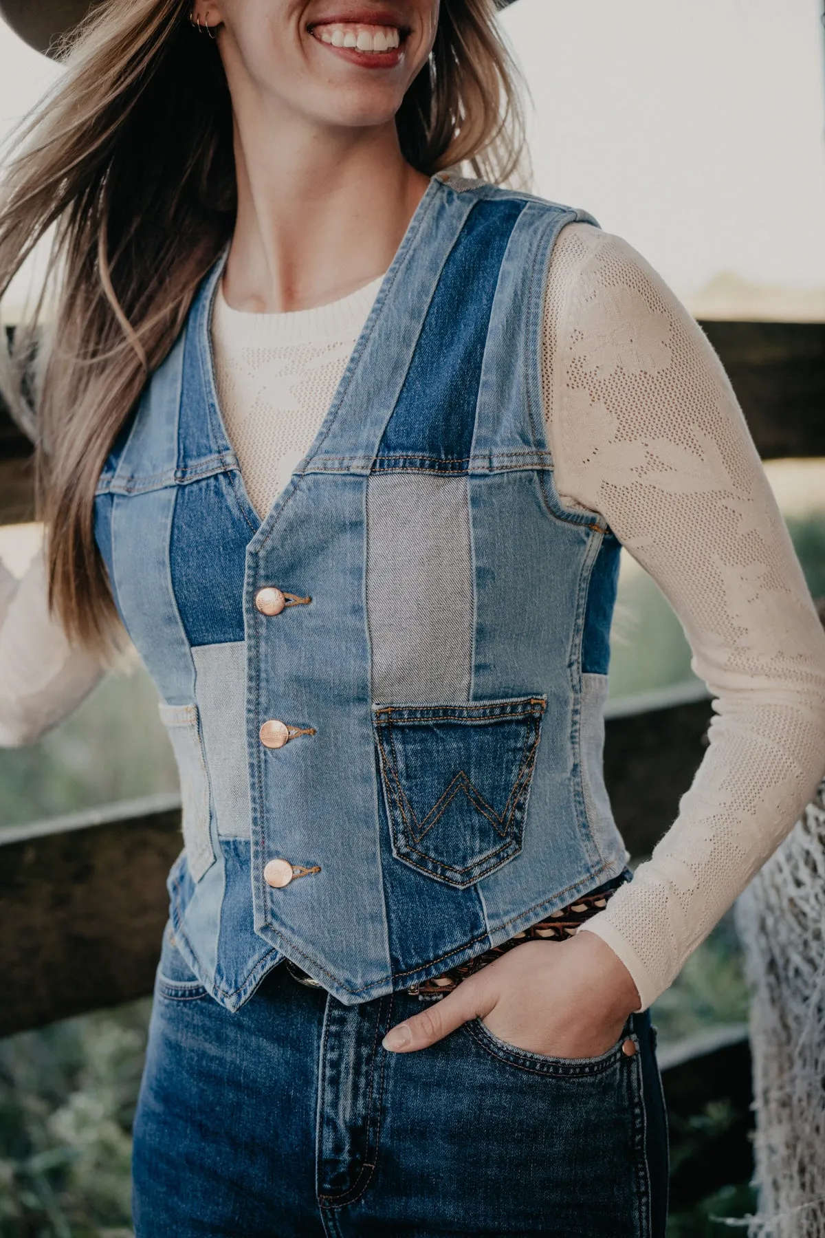 'Neon Diamonds' Wrangler x Lainey Patchwork Denim Vest (XS-XL)