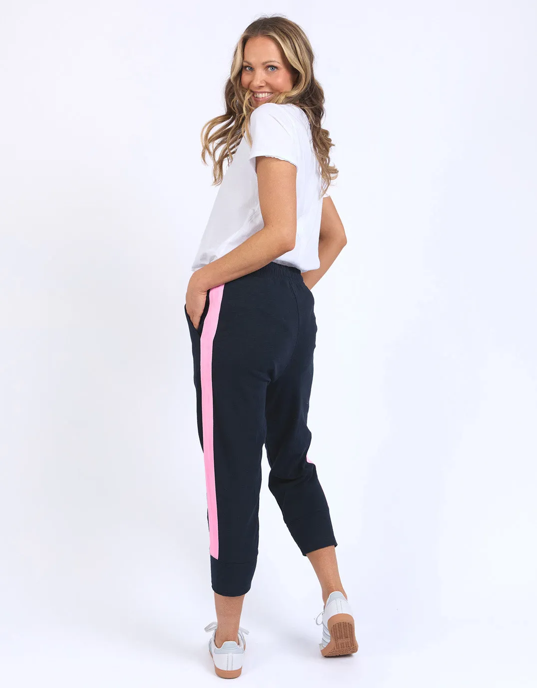 Neon Side Tape 3/4 Brunch Pants  - Navy/Neon Pink