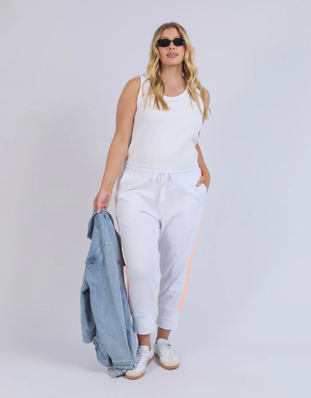 Neon Side Tape 3/4 Brunch Pants  - White/Neon Orange