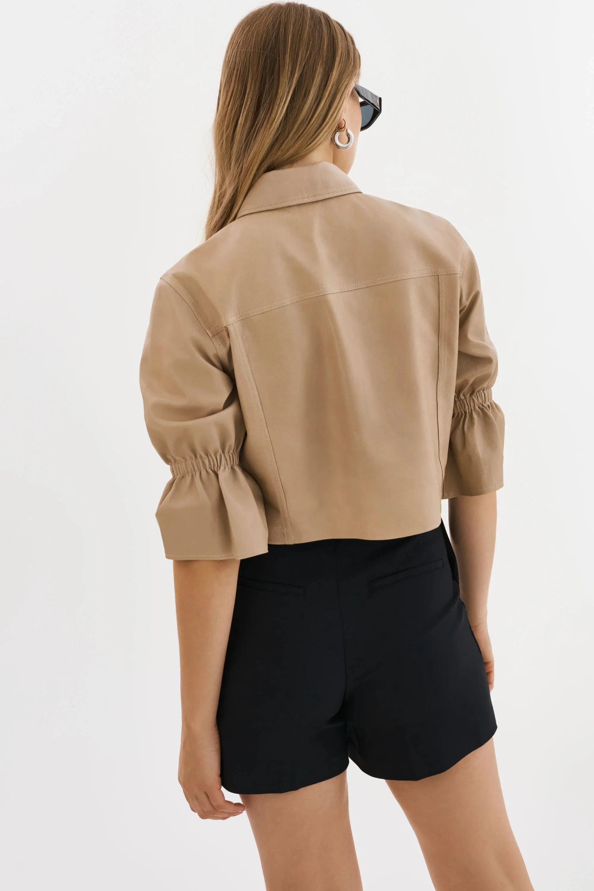 NEW!! Carolina Leather Ruffle Sleeve Jacket in Beige by LaMarque