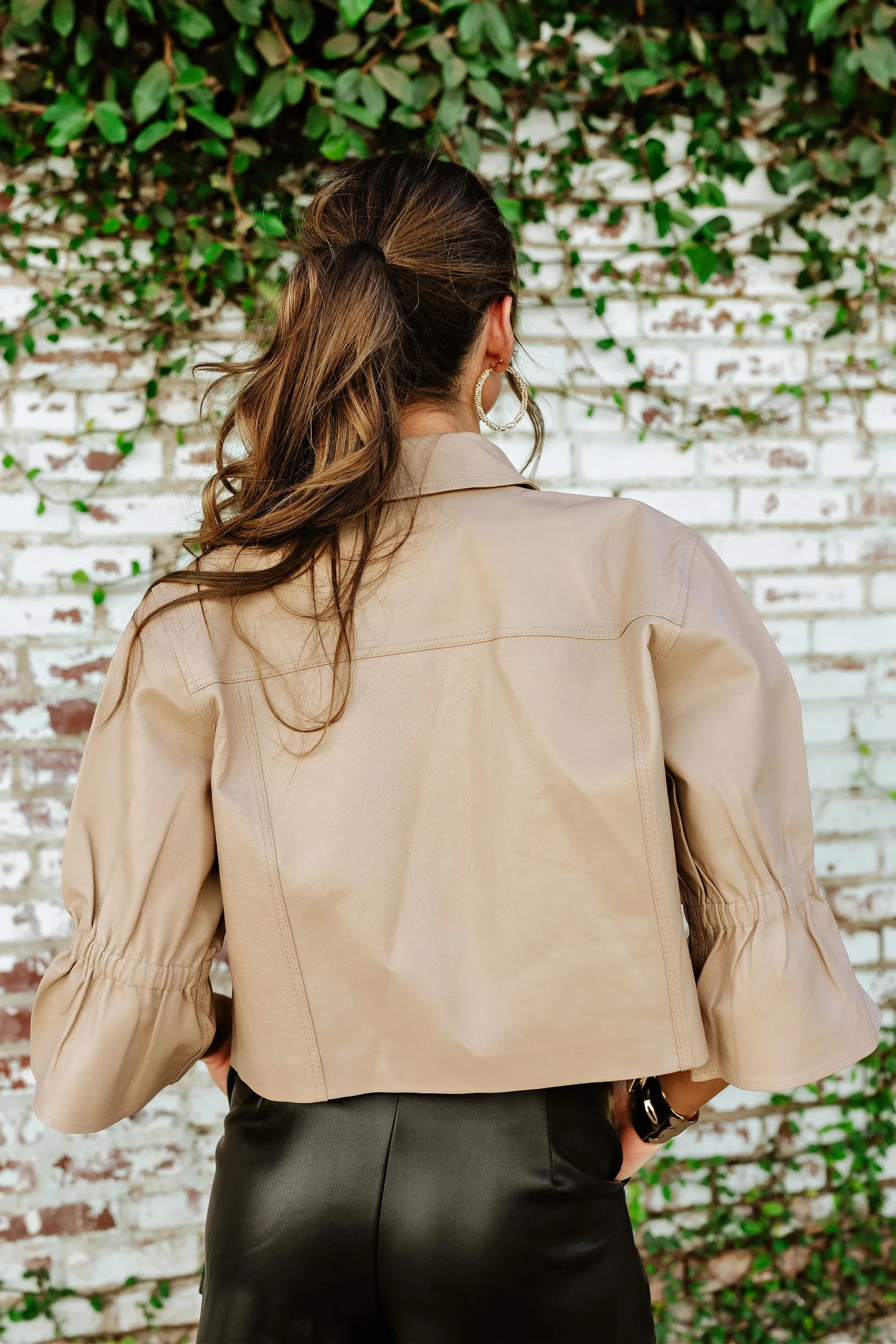 NEW!! Carolina Leather Ruffle Sleeve Jacket in Beige by LaMarque