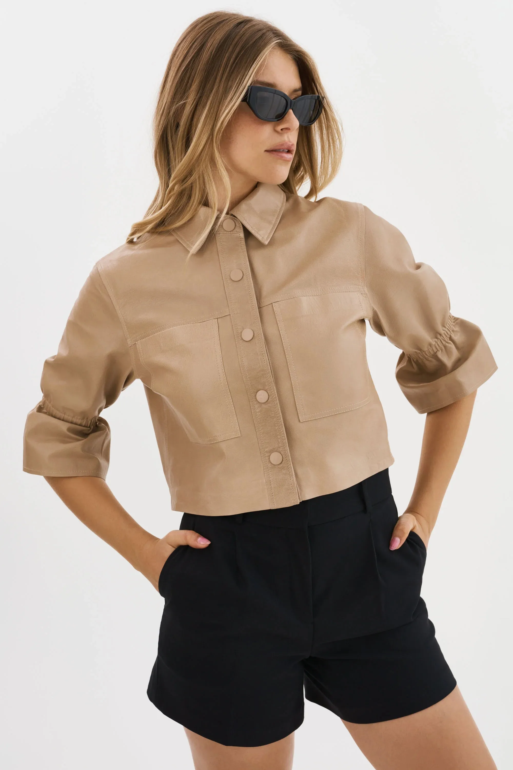 NEW!! Carolina Leather Ruffle Sleeve Jacket in Beige by LaMarque