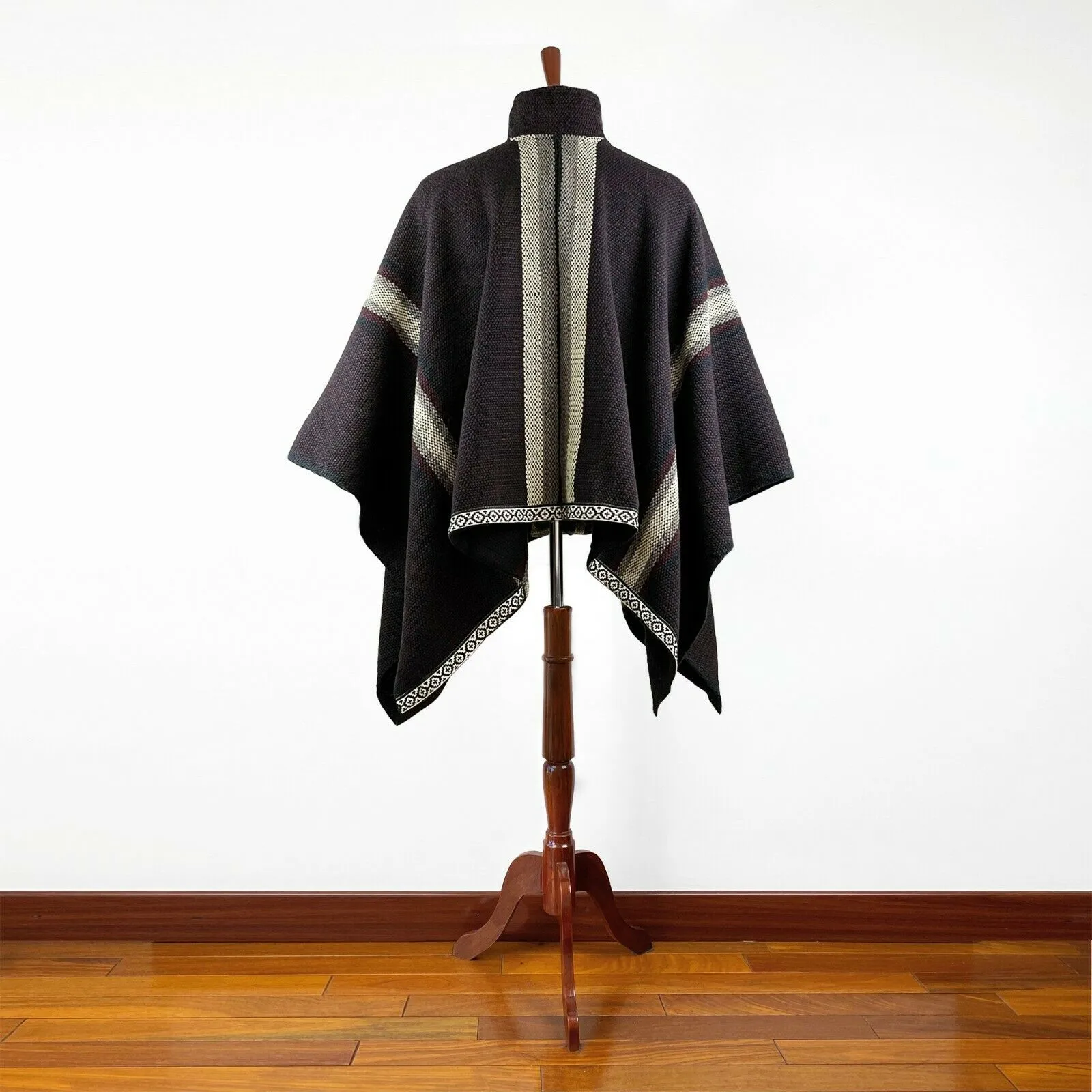 Nunkui - Llama Wool Unisex South American Handwoven Wide Thick Serape Poncho - striped pattern