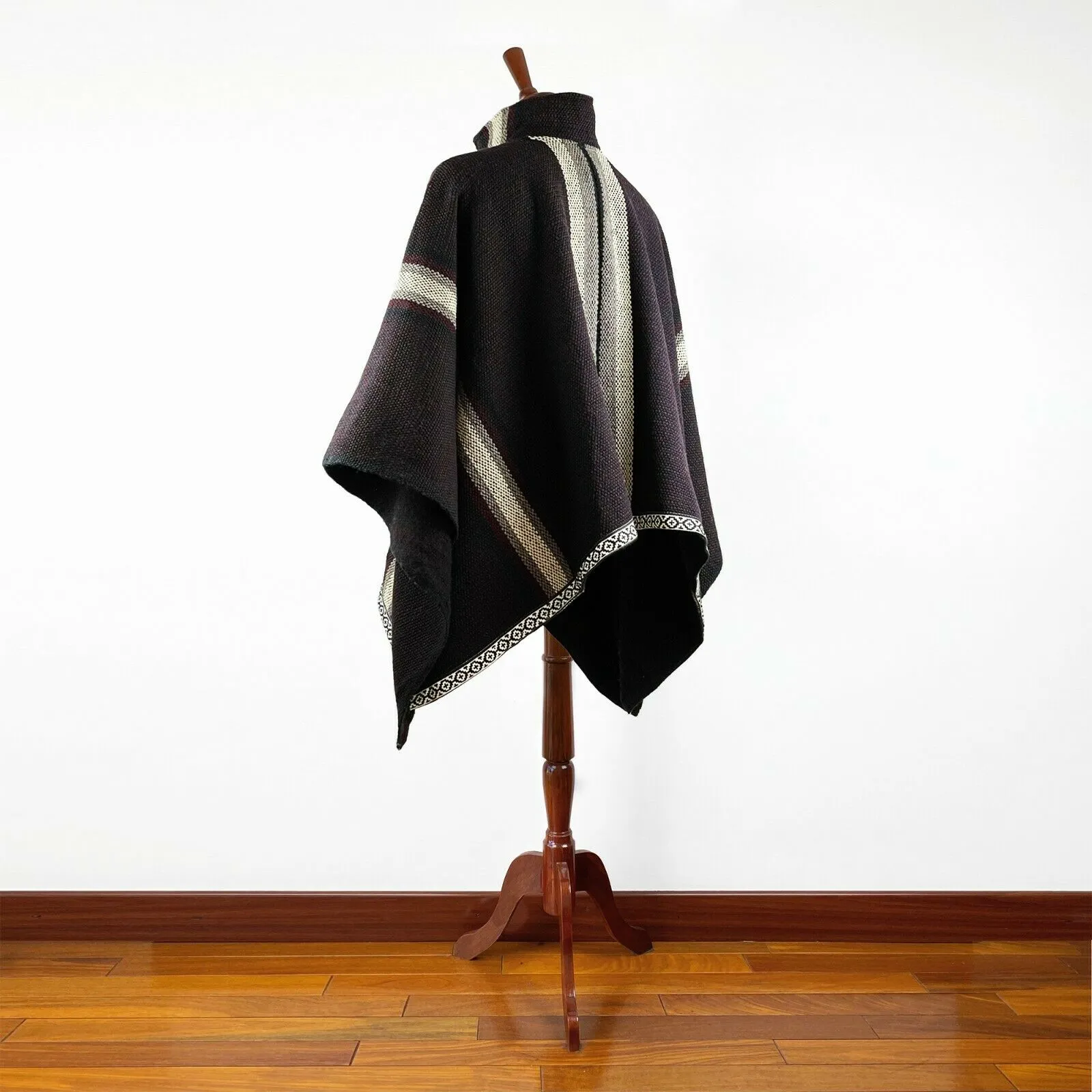 Nunkui - Llama Wool Unisex South American Handwoven Wide Thick Serape Poncho - striped pattern