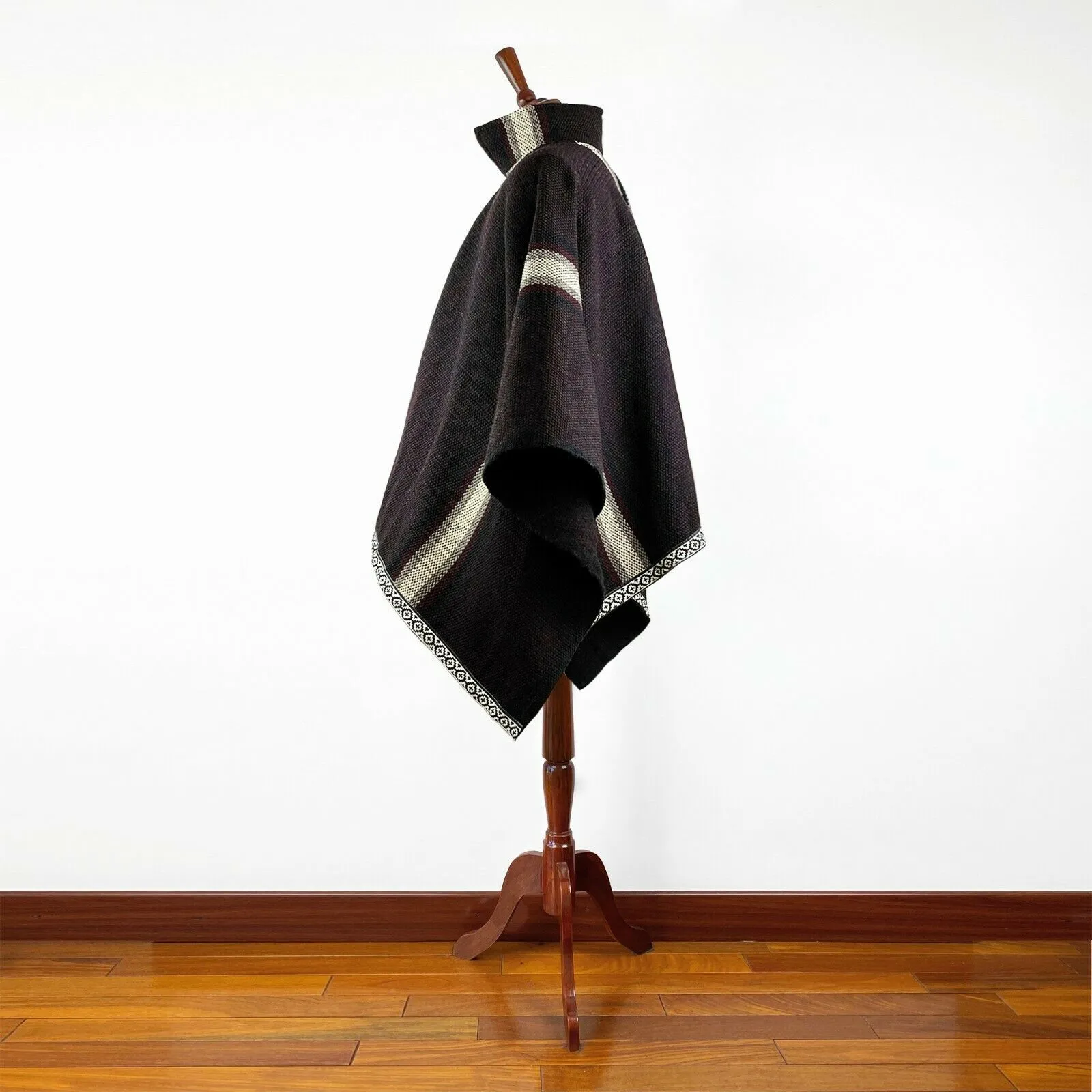 Nunkui - Llama Wool Unisex South American Handwoven Wide Thick Serape Poncho - striped pattern