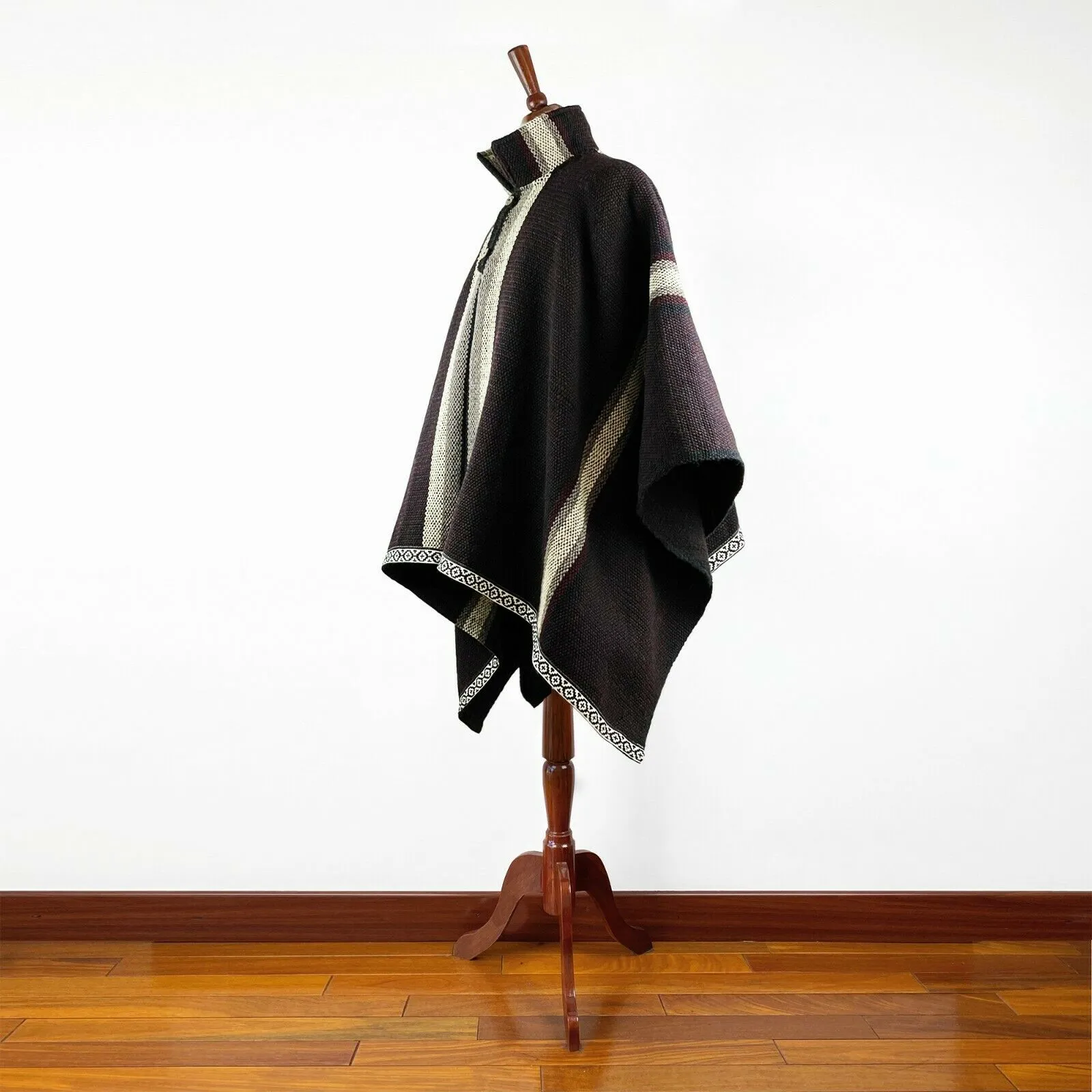 Nunkui - Llama Wool Unisex South American Handwoven Wide Thick Serape Poncho - striped pattern