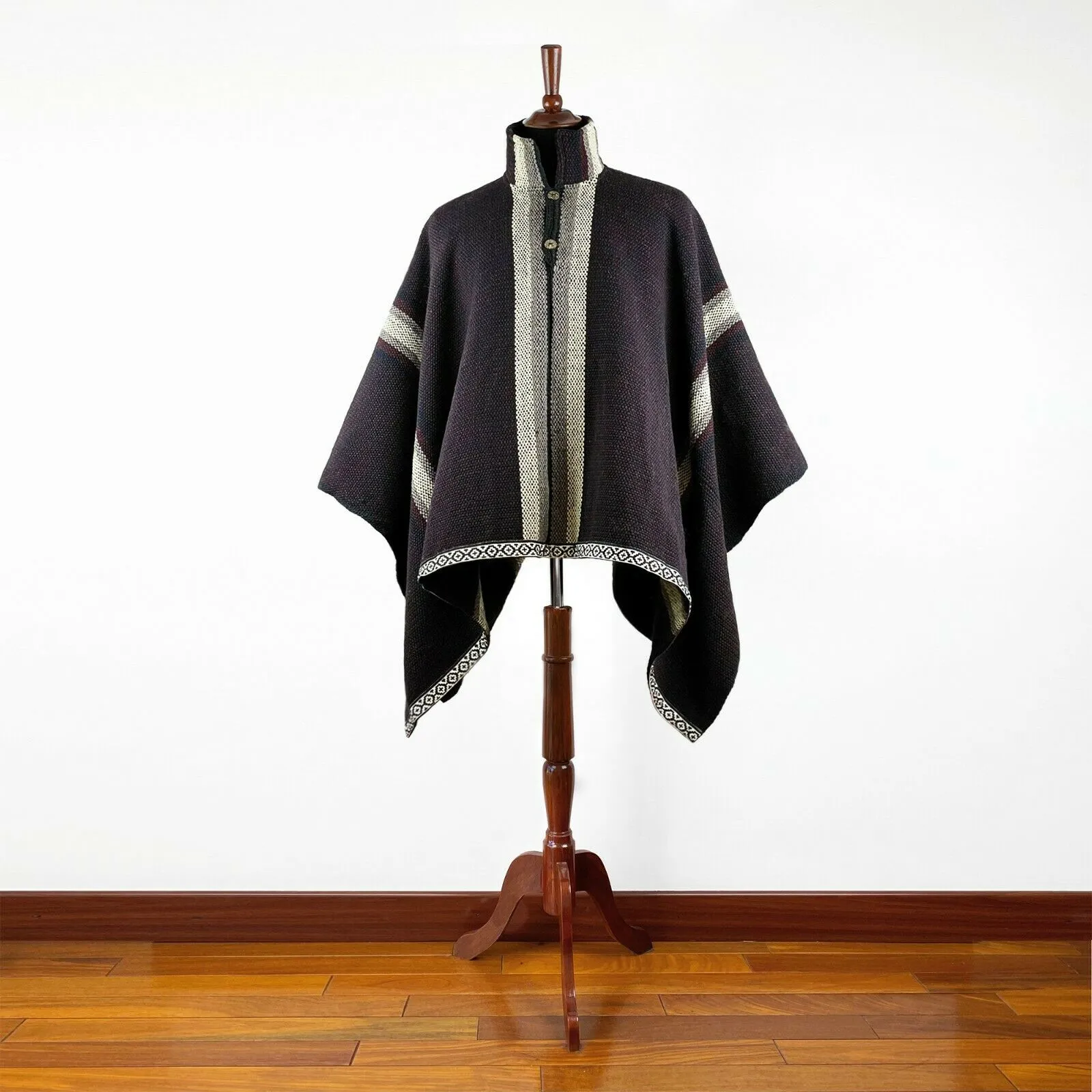 Nunkui - Llama Wool Unisex South American Handwoven Wide Thick Serape Poncho - striped pattern