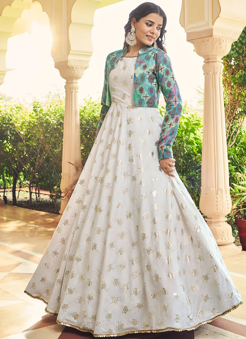 Off White Sequence Embroidered Anarkali Gown With Jacket