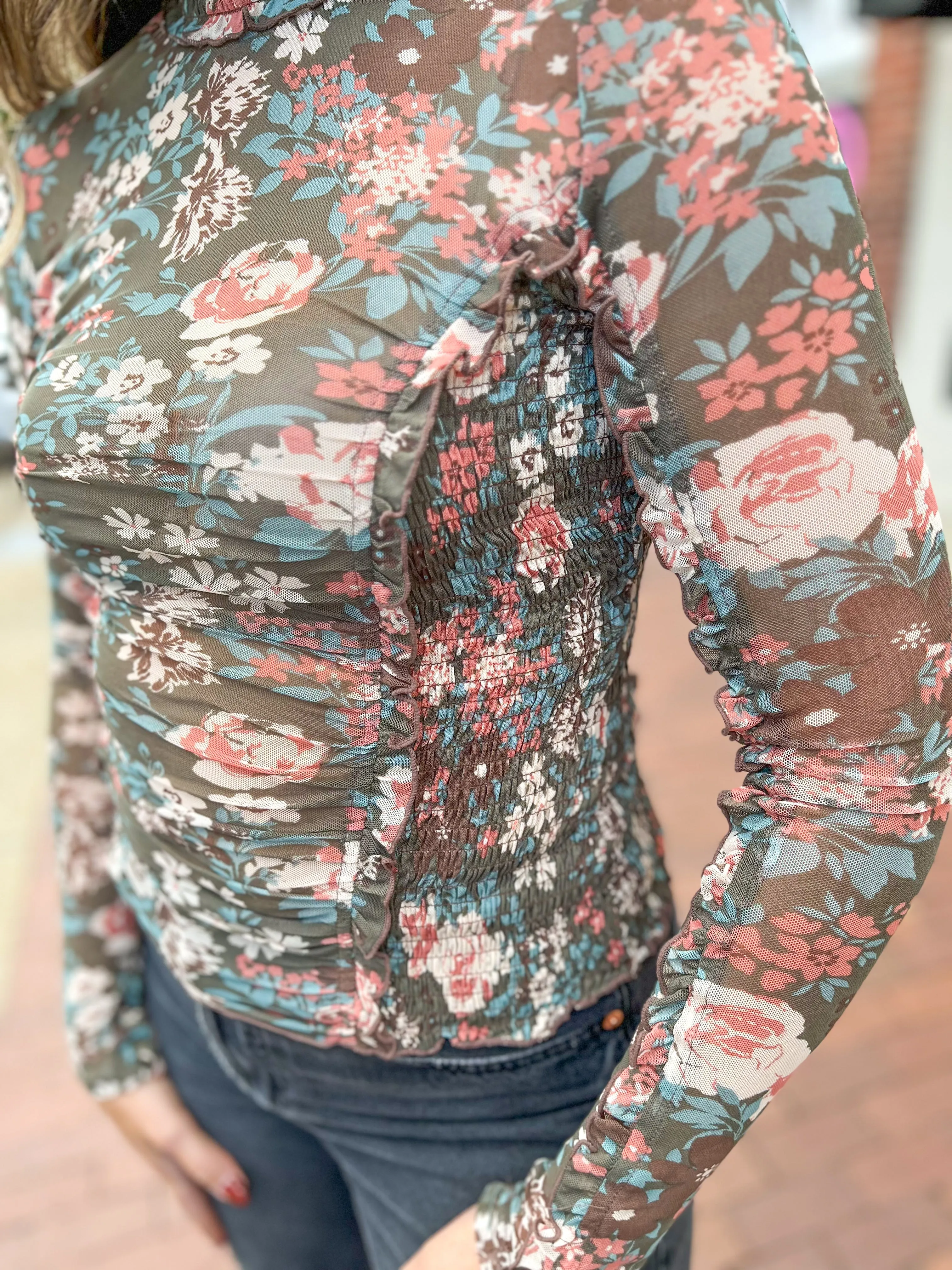 Olive Floral Ruched Layering Top