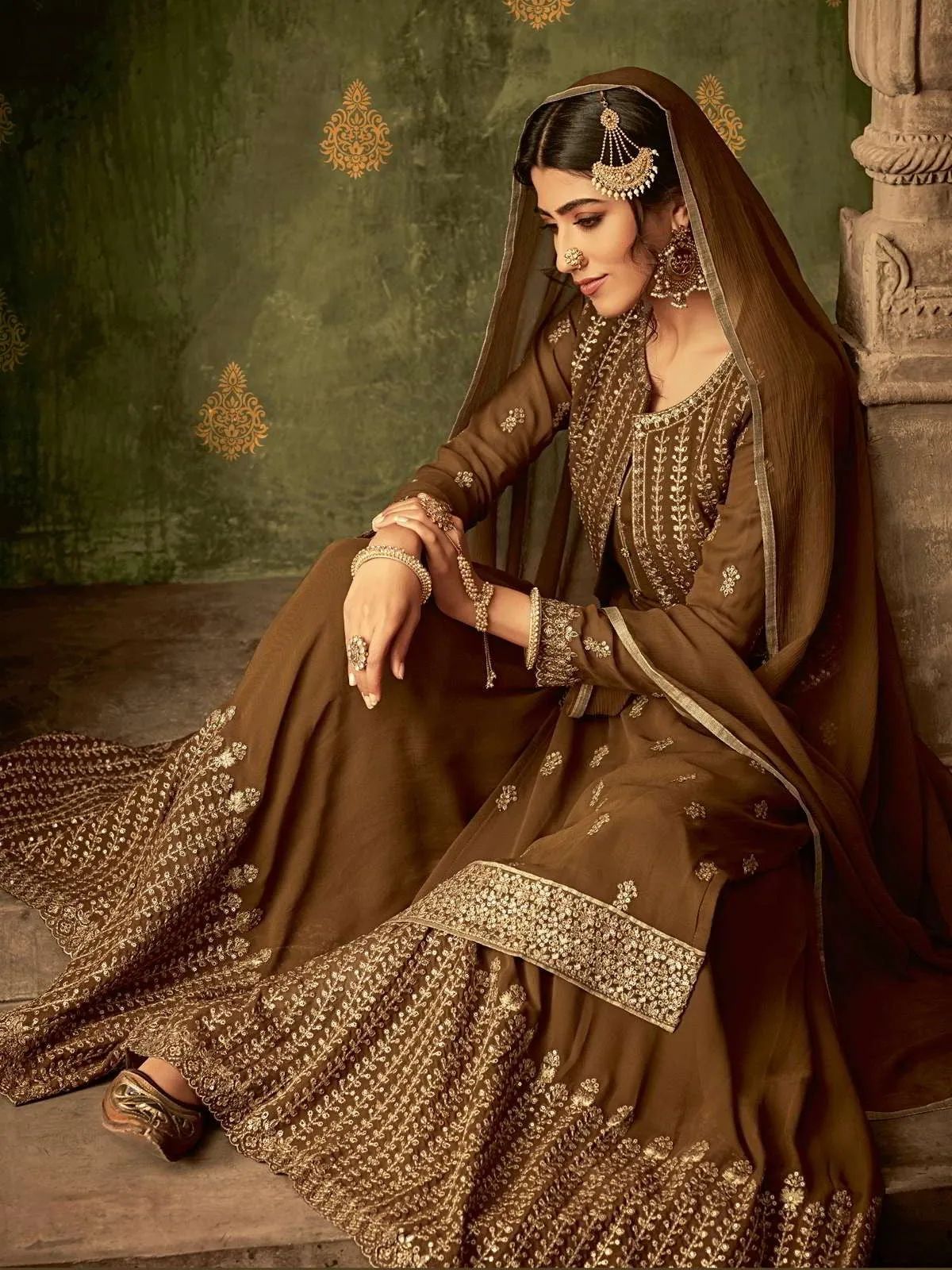 Olive Golden Embroidered Koti Style Georgette Gharara Suit