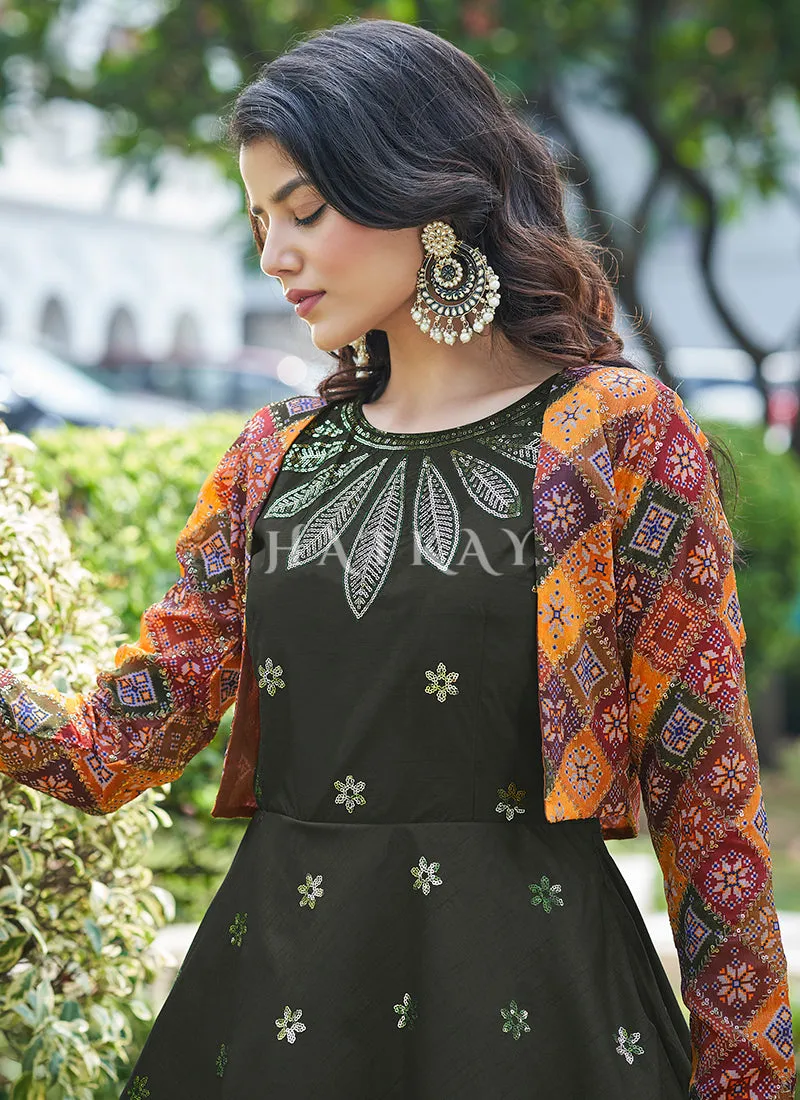 Olive Green Sequence Embroidered Jacket Anarkali Gown