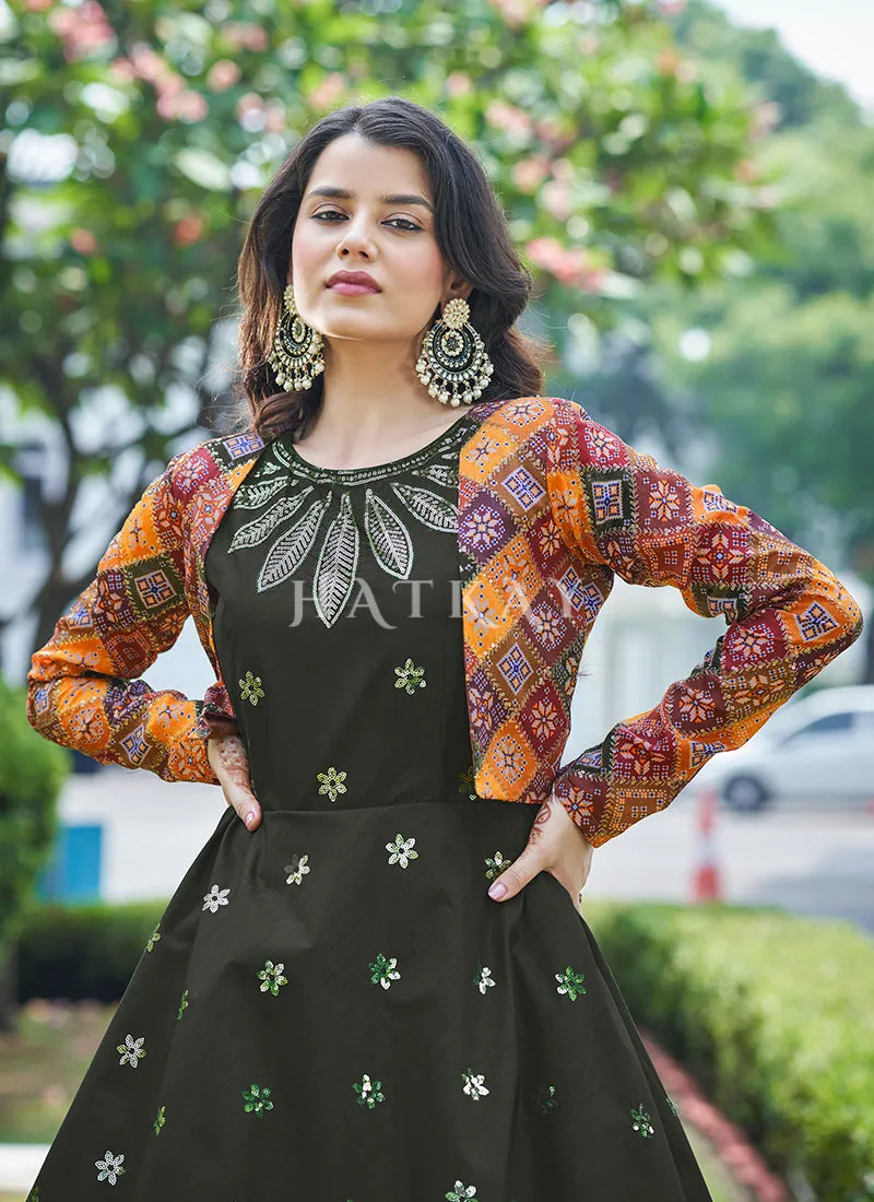 Olive Green Sequence Embroidered Jacket Anarkali Gown