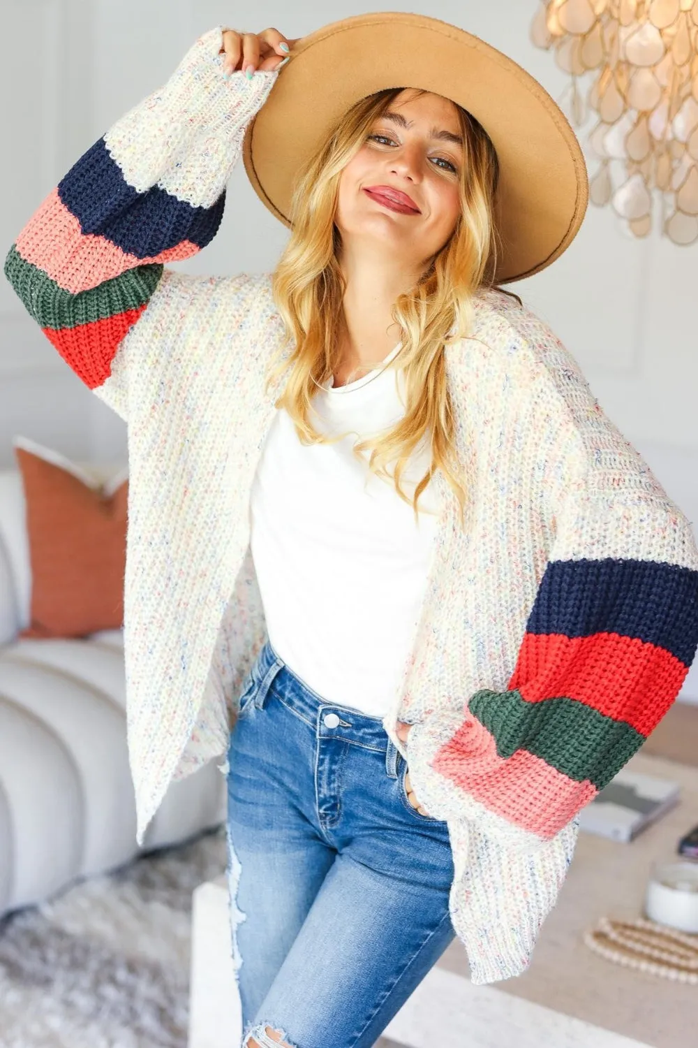 Open Front Color Block Oversized Cardigan