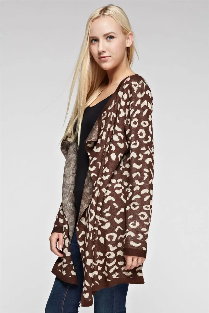 Open Front Oversized Fringe Cardigan with Leopard Brown Gold SM