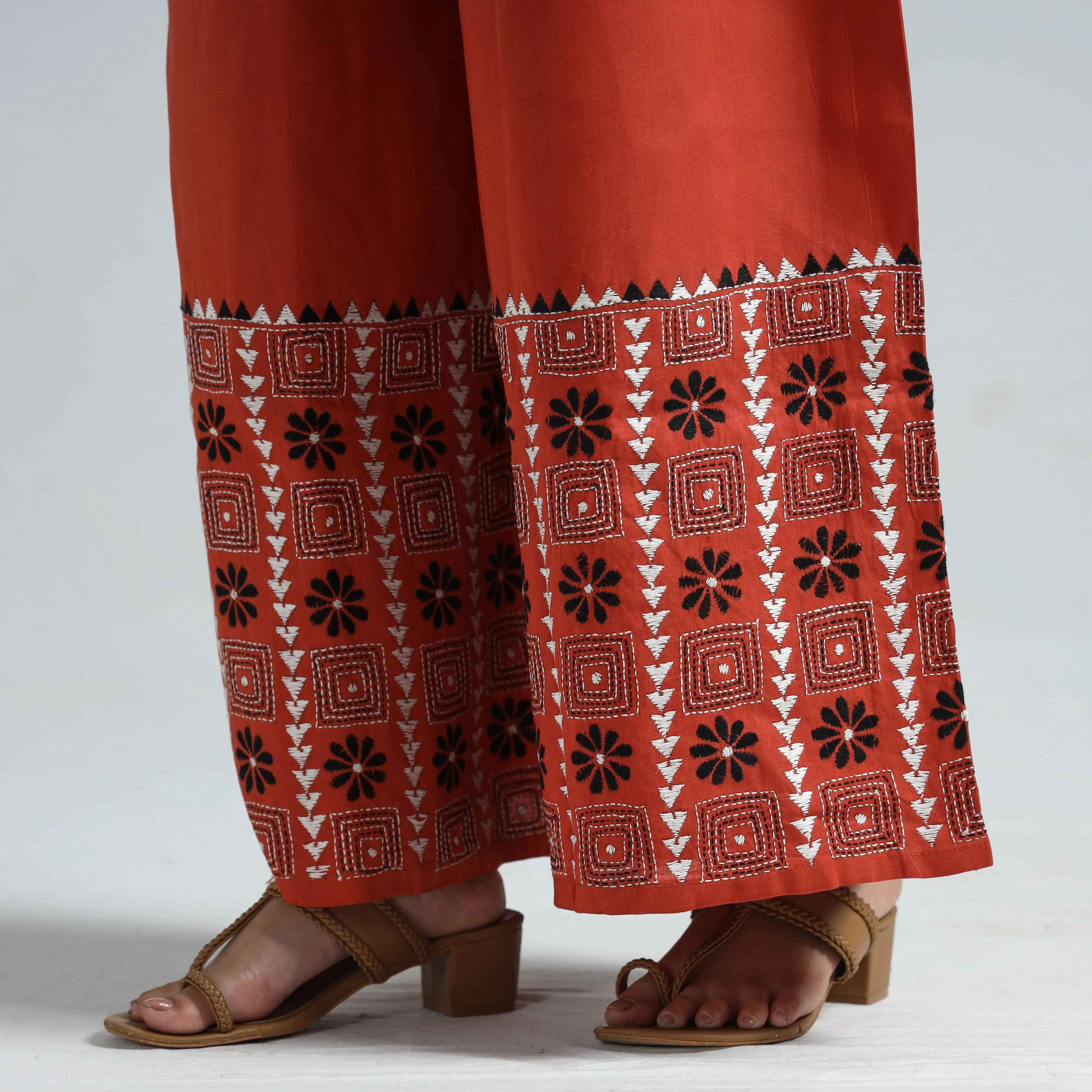 Orange - Bengal Kantha Embroidery Cotton Palazzo 95