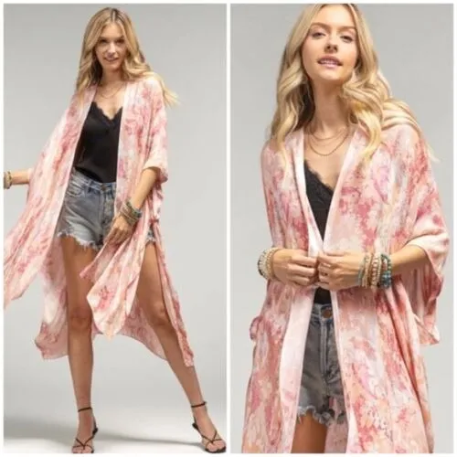 Pasadena Hills Pink Coral Watercolor Kimono Wrap Coverup Casual Layering Top