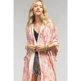 Pasadena Hills Pink Coral Watercolor Kimono Wrap Coverup Casual Layering Top