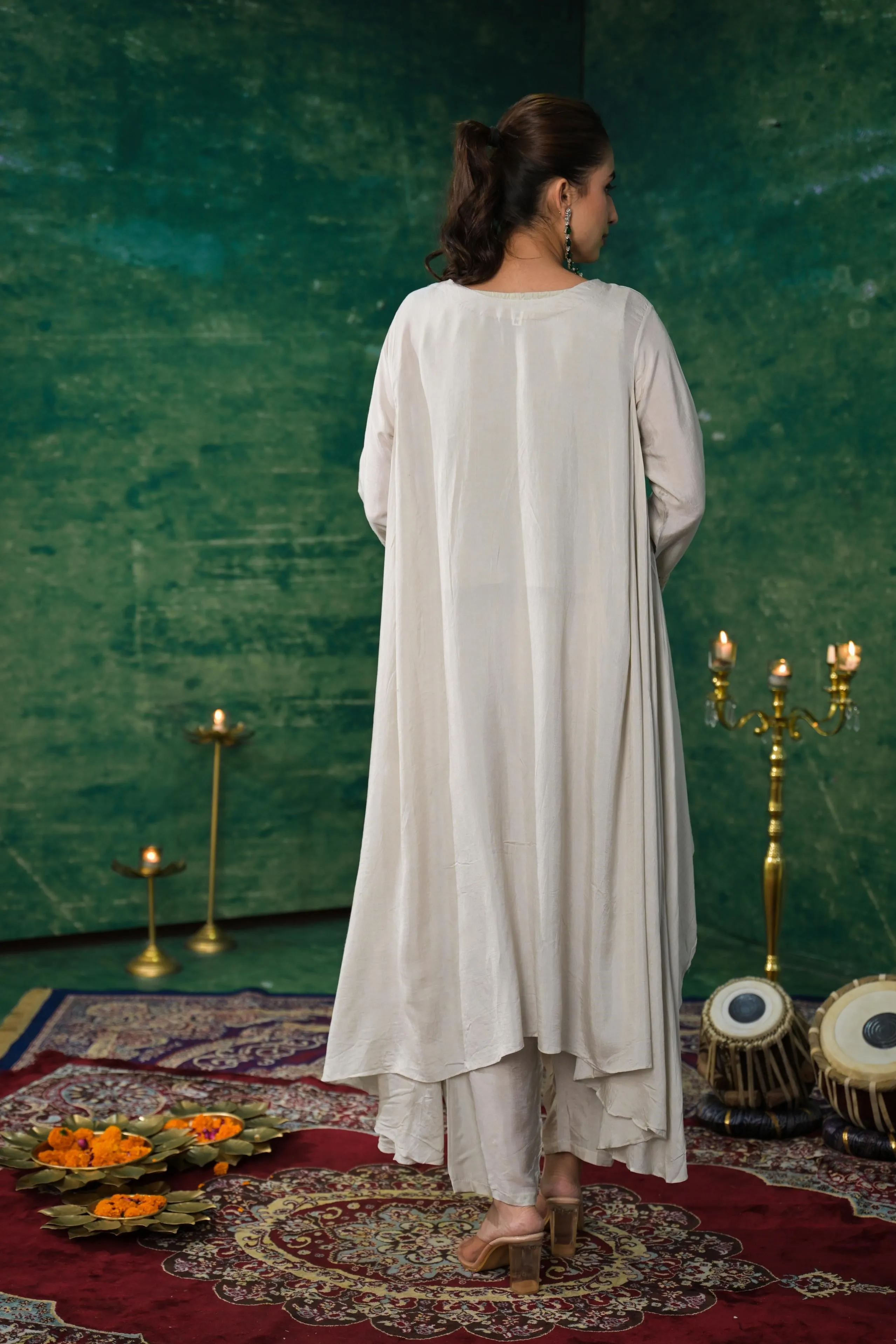 Pastel Grey Embroidered Raw Silk Kurta Set