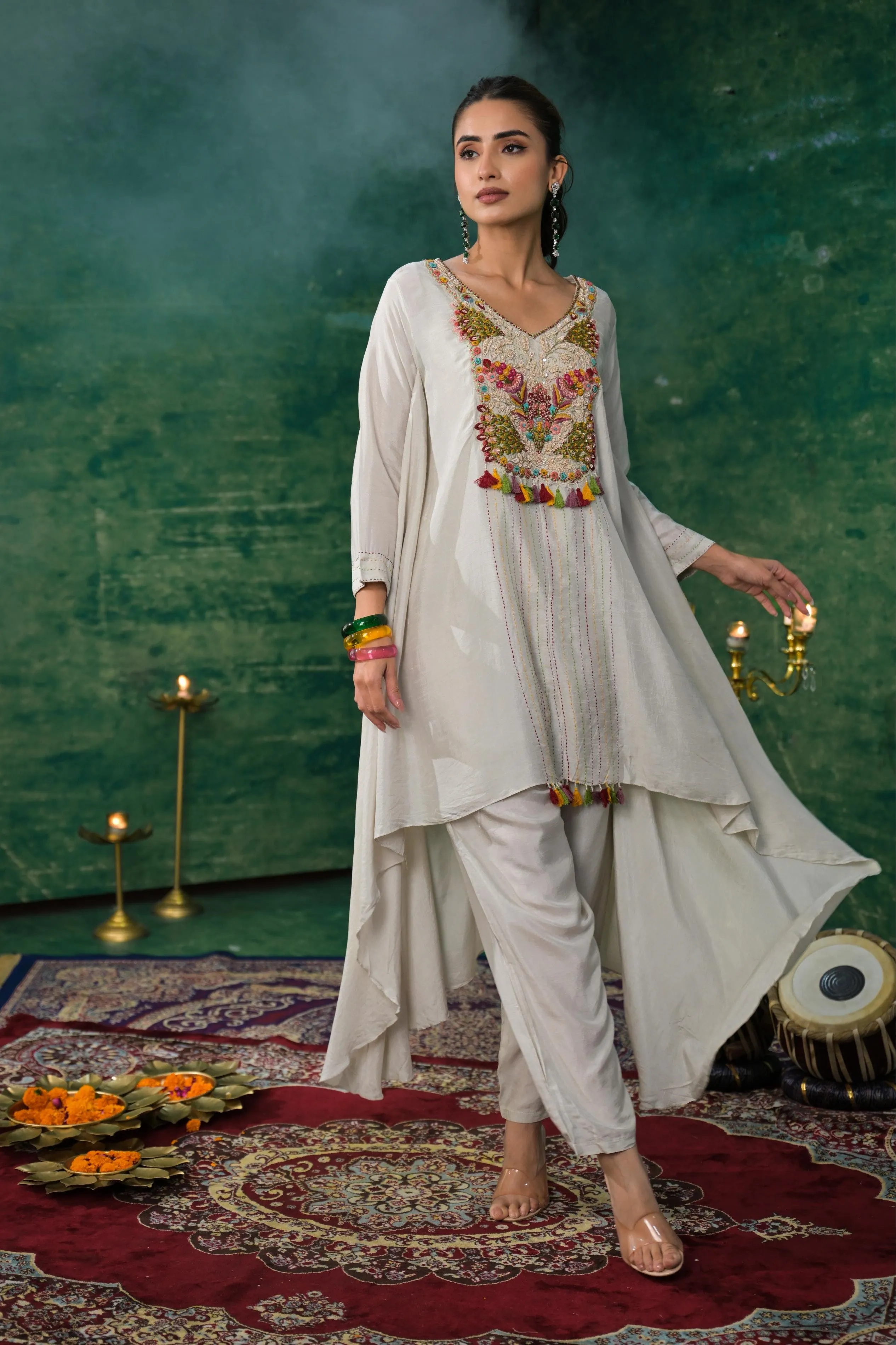 Pastel Grey Embroidered Raw Silk Kurta Set