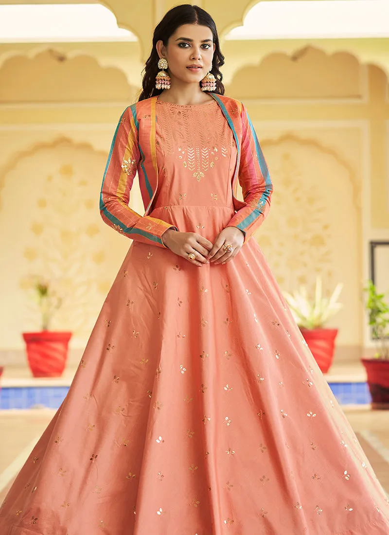 Pastel Orange Sequence Embroidered Anarkali Gown With Jacket