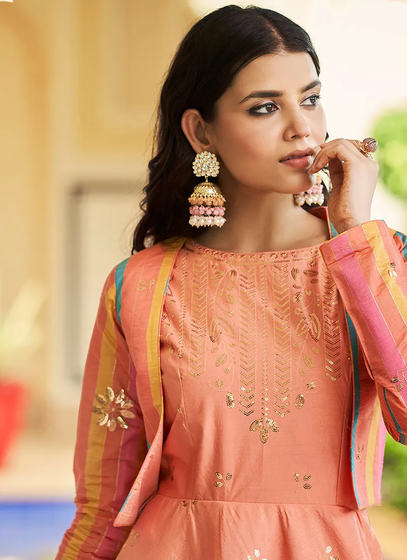 Pastel Orange Sequence Embroidered Anarkali Gown With Jacket