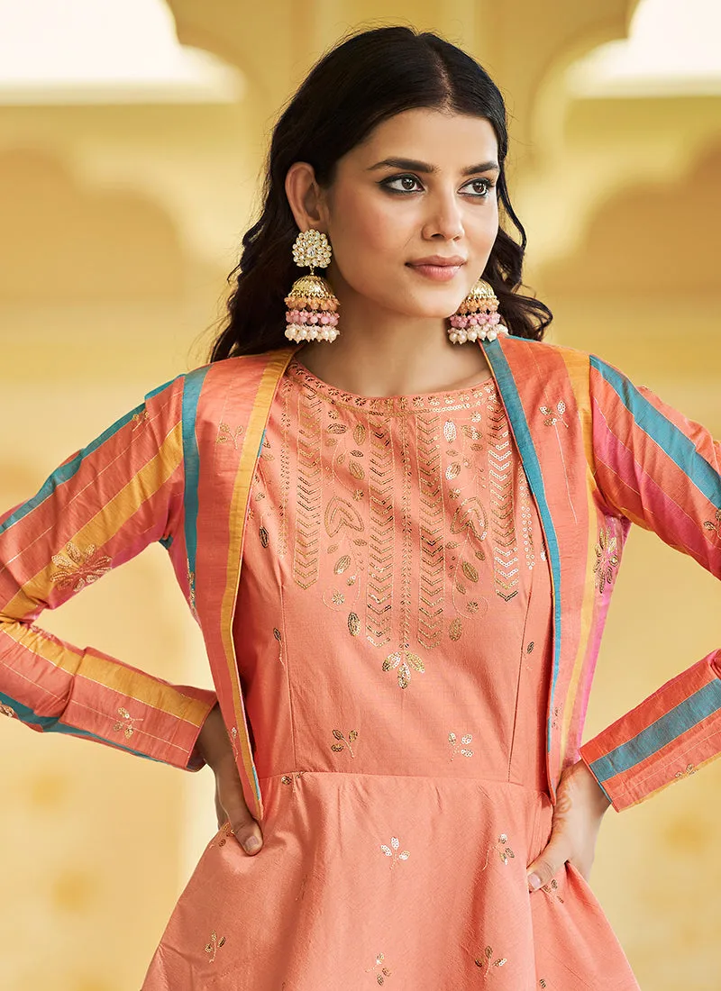 Pastel Orange Sequence Embroidered Anarkali Gown With Jacket