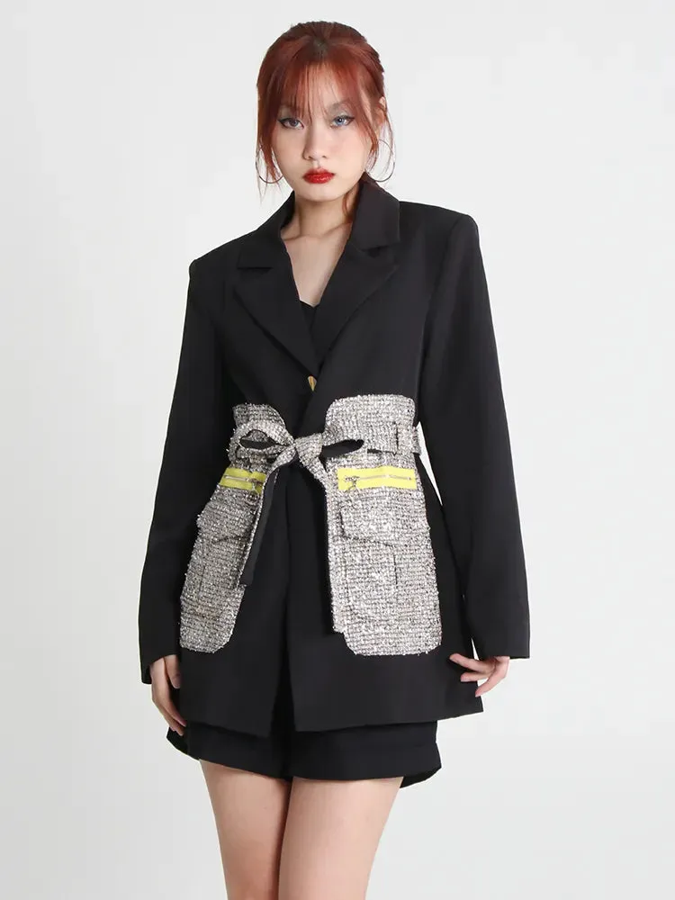 Patchwork Blazer For Women Notched Collar Long Sleeve Colorblock Blazers Female Autumn Clothing Style Fashion