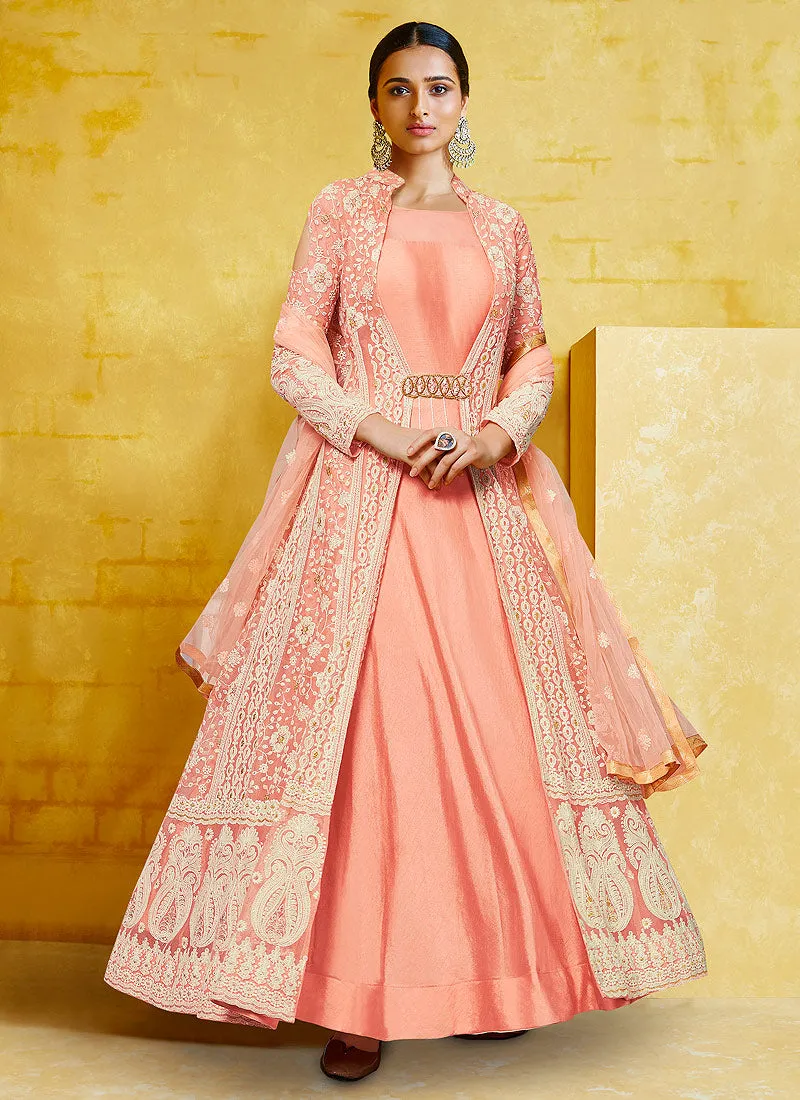 Peach Chikankari Embroidered Jacket Style Anarkali Suit