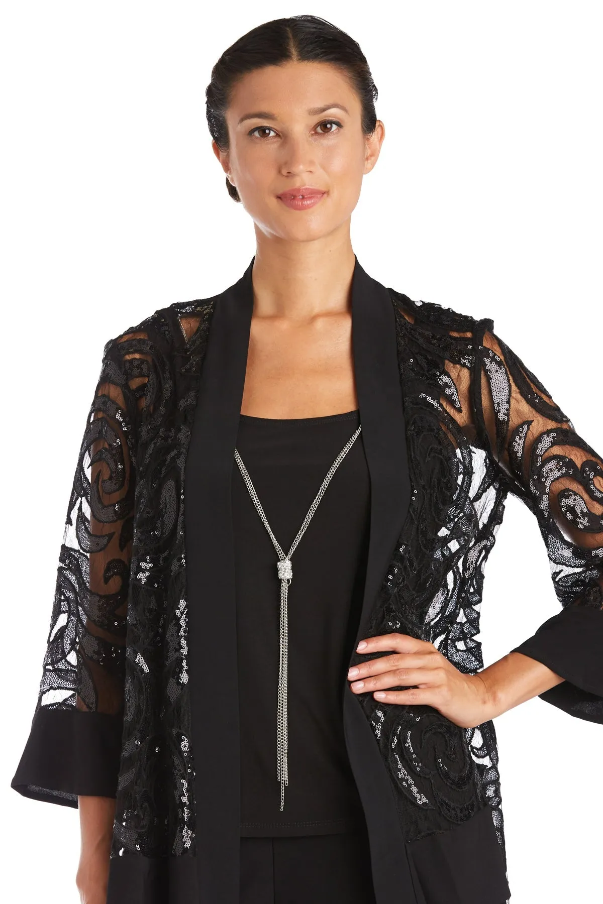 Petite Women's 2  Piece Sequin Net lace Pantsuit  with Necklace