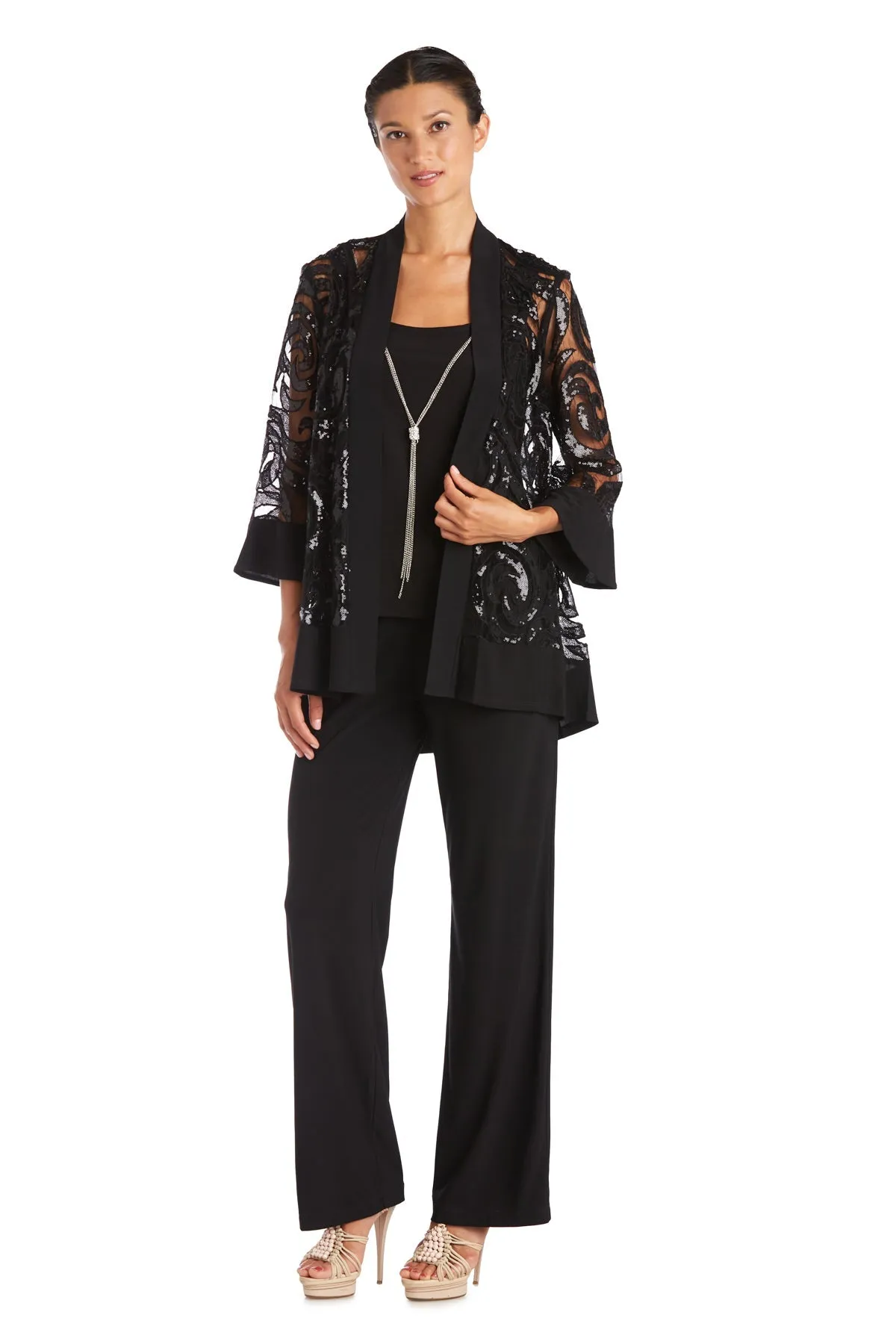 Petite Women's 2  Piece Sequin Net lace Pantsuit  with Necklace