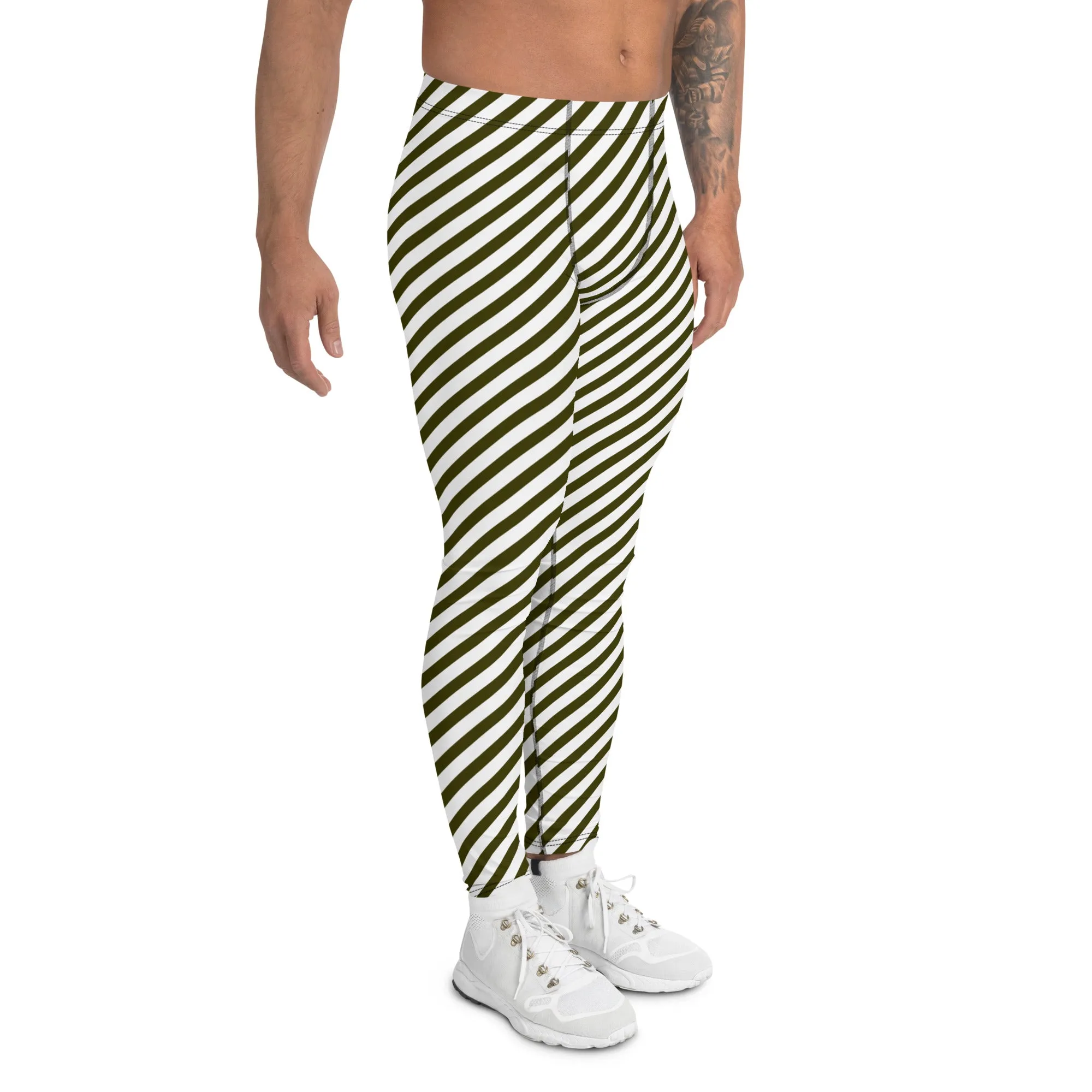 Pine Green White Striped Meggings, Diagonal Striped Men's Leggings Designer Running Compression Tights For Men - Made in USA/EU/MX