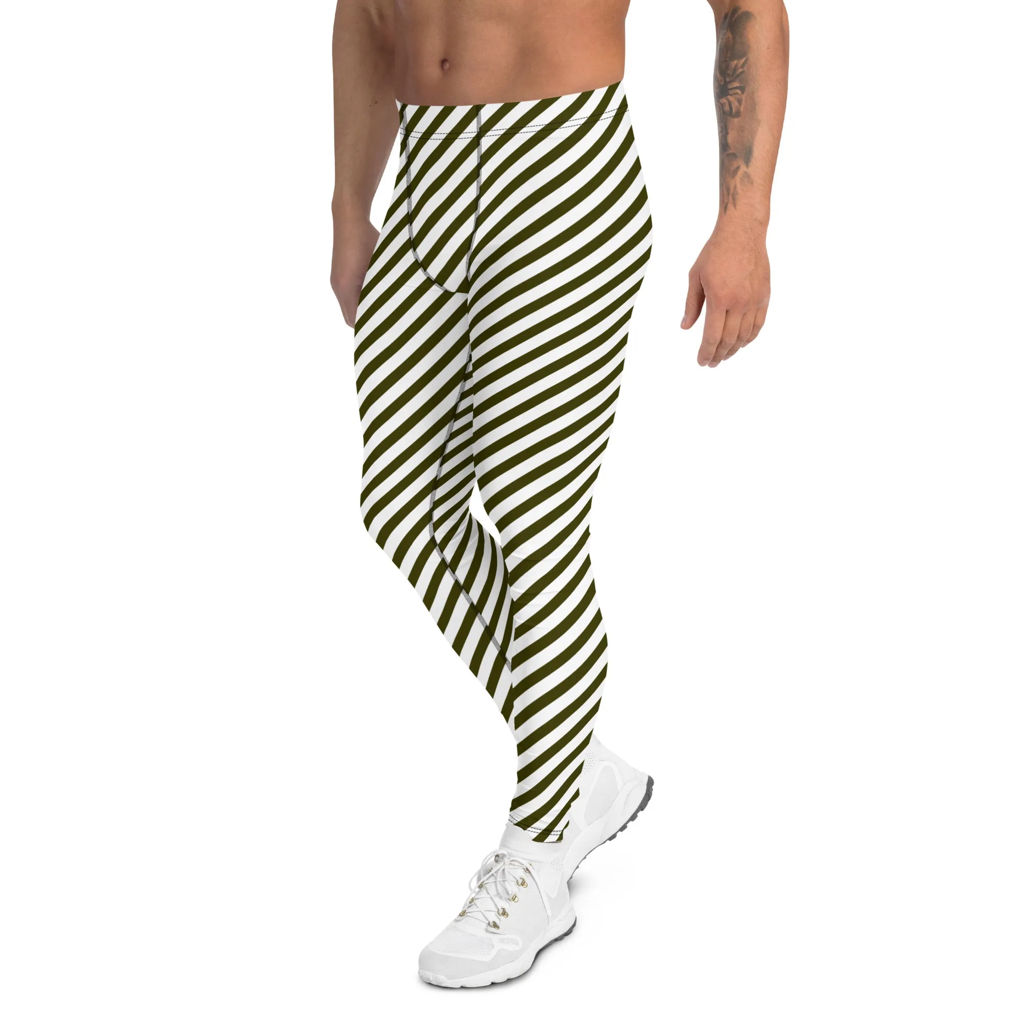 Pine Green White Striped Meggings, Diagonal Striped Men's Leggings Designer Running Compression Tights For Men - Made in USA/EU/MX