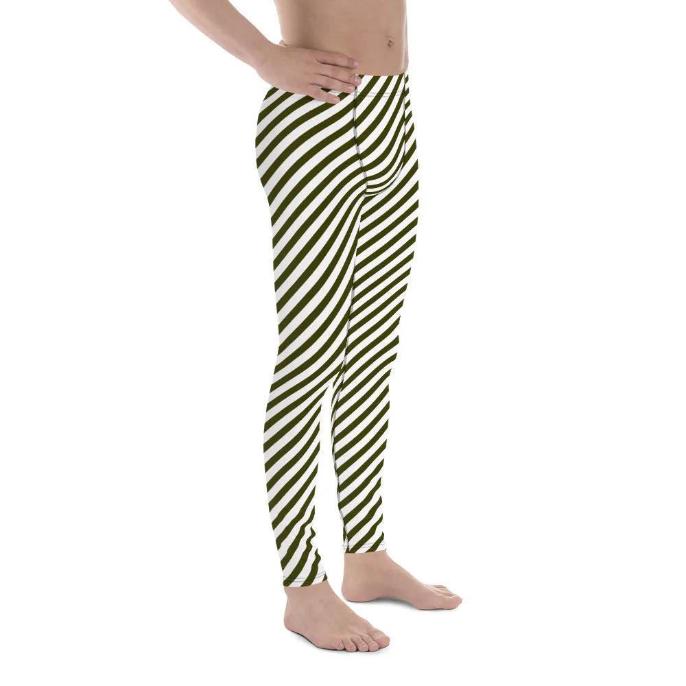 Pine Green White Striped Meggings, Diagonal Striped Men's Leggings Designer Running Compression Tights For Men - Made in USA/EU/MX