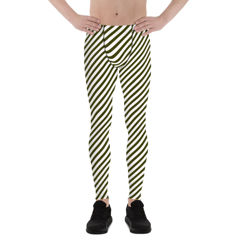 Pine Green White Striped Meggings, Diagonal Striped Men's Leggings Designer Running Compression Tights For Men - Made in USA/EU/MX