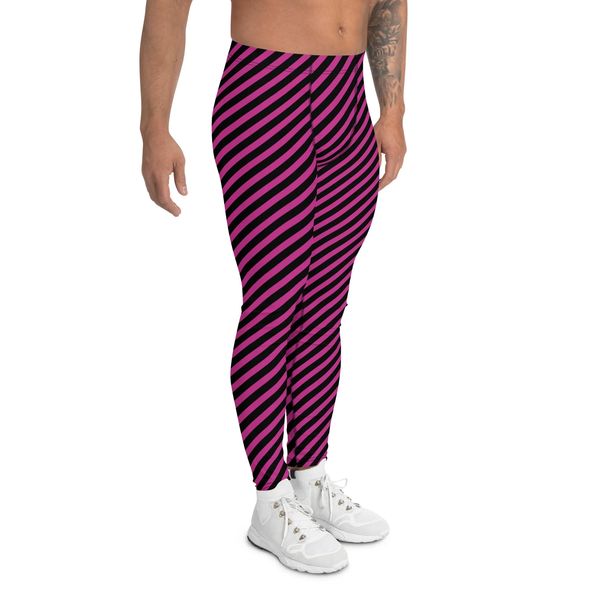 Pink Black Striped Diagonal Meggings, Colorful Best Compression Tights For Men - Made in USA/EU/MX