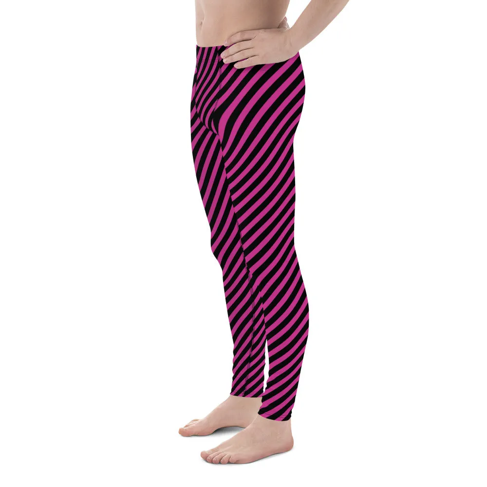 Pink Black Striped Diagonal Meggings, Colorful Best Compression Tights For Men - Made in USA/EU/MX