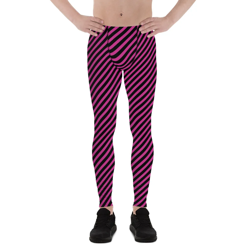 Pink Black Striped Diagonal Meggings, Colorful Best Compression Tights For Men - Made in USA/EU/MX