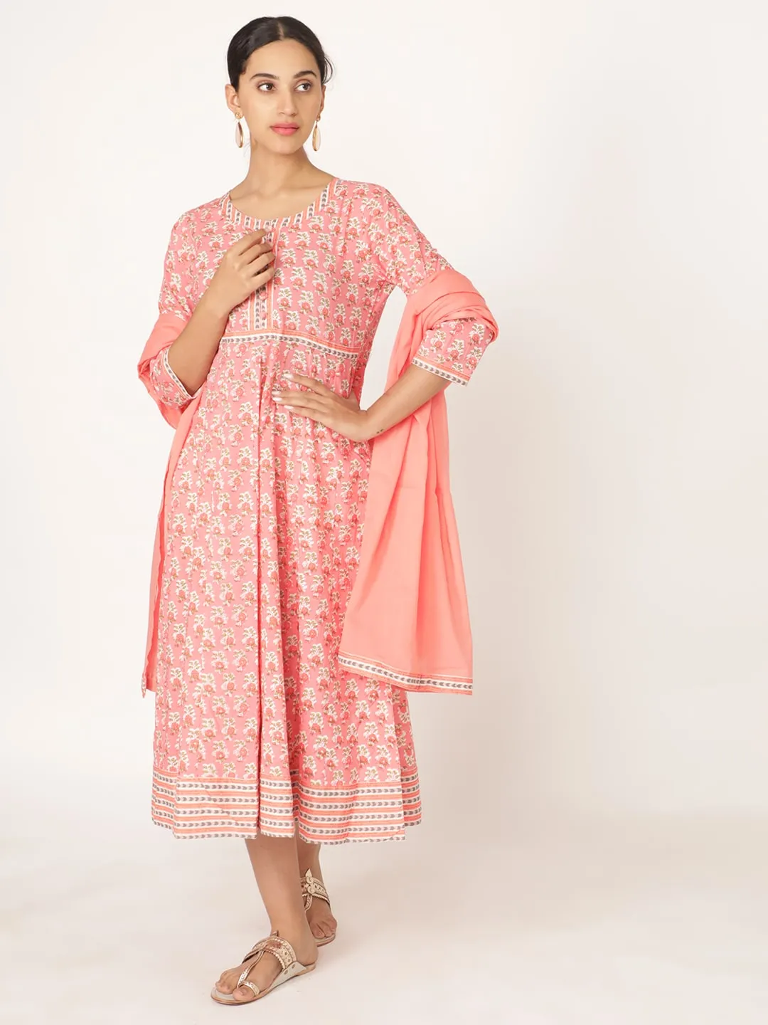 Pink Cotton Hand Block Printed Round Neck Kurta Set