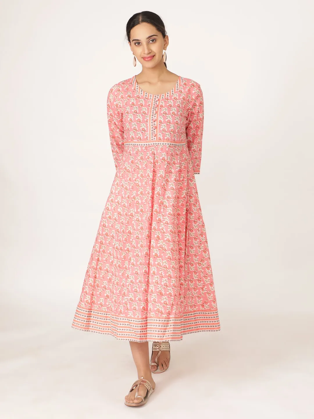 Pink Cotton Hand Block Printed Round Neck Kurta Set