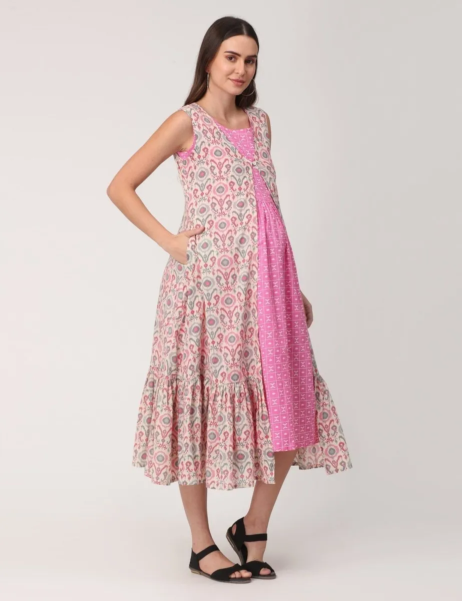 Pink Pookalam Floral Printed Maternity and Feeding Kurti