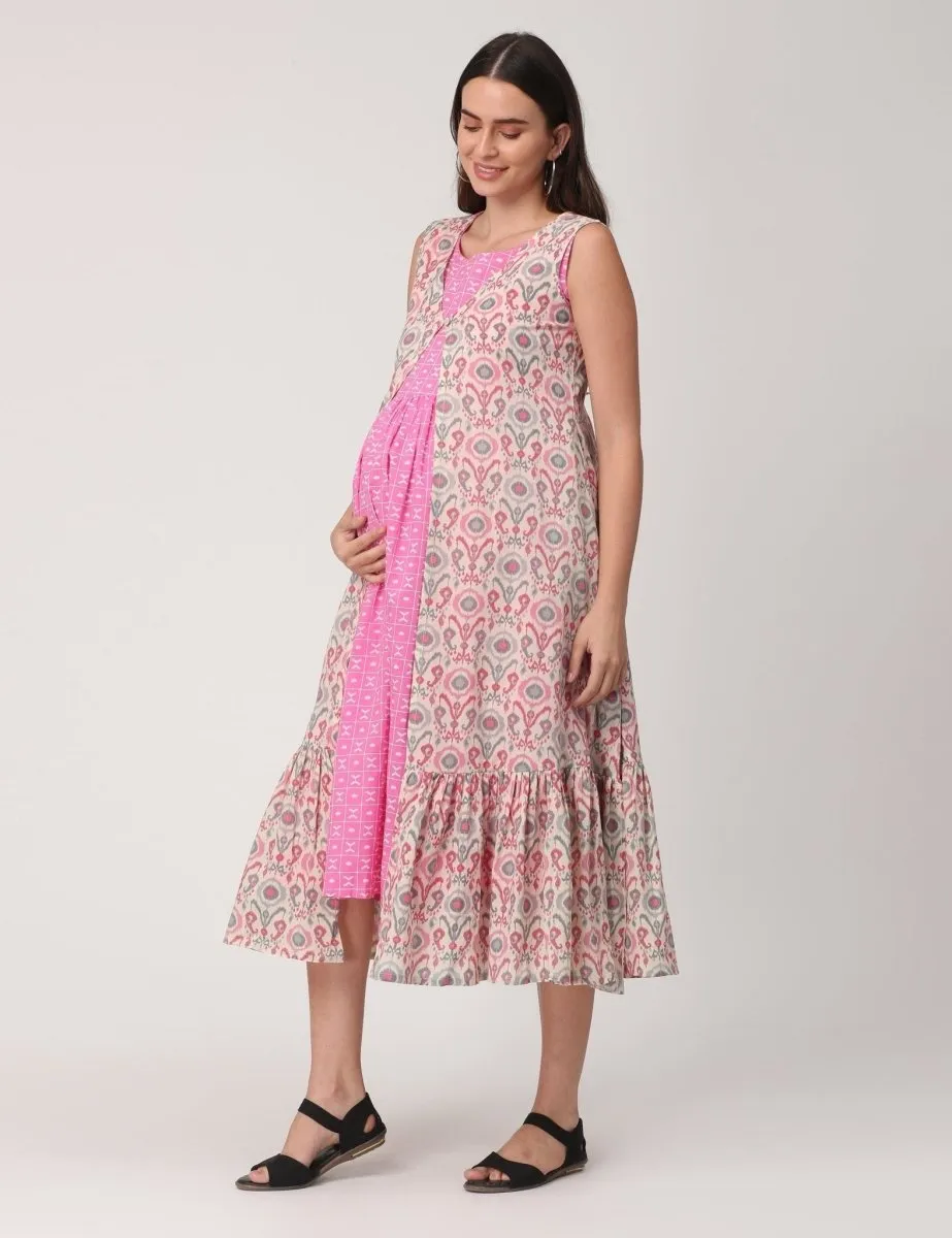 Pink Pookalam Floral Printed Maternity and Feeding Kurti