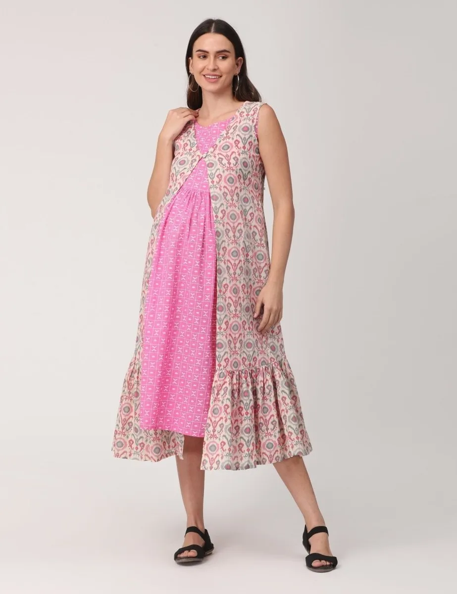 Pink Pookalam Floral Printed Maternity and Feeding Kurti