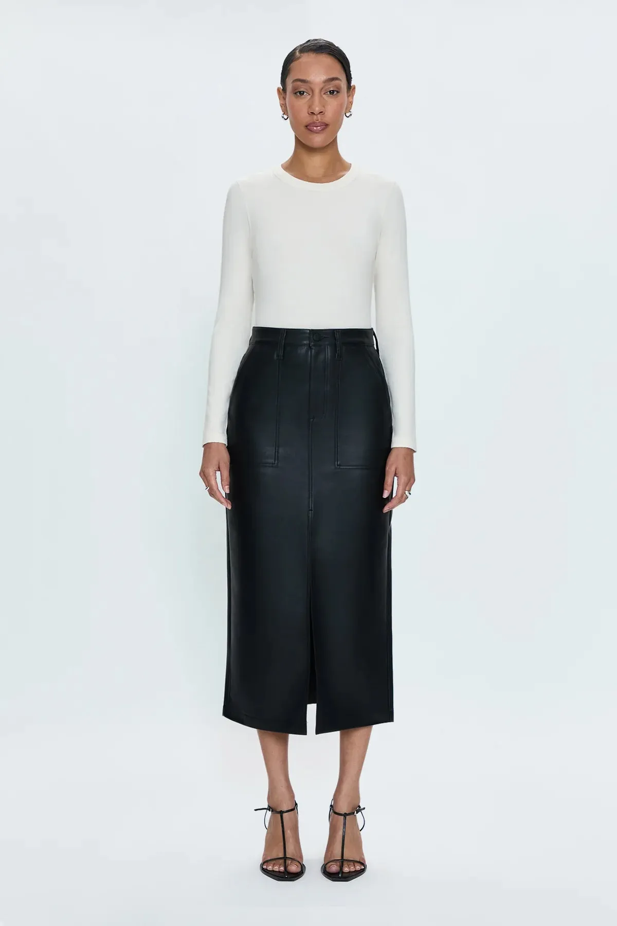 PIS ALice Utility Midi Skirt in Slate Black Faux Leather