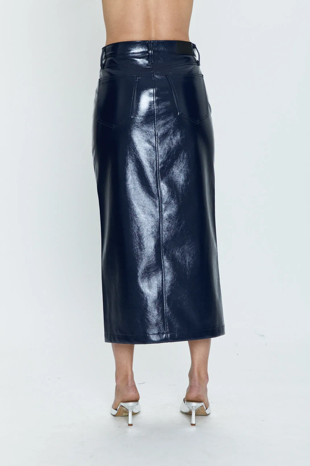 Pistola Alice Utility Midi Skirt in Navy Vinyl