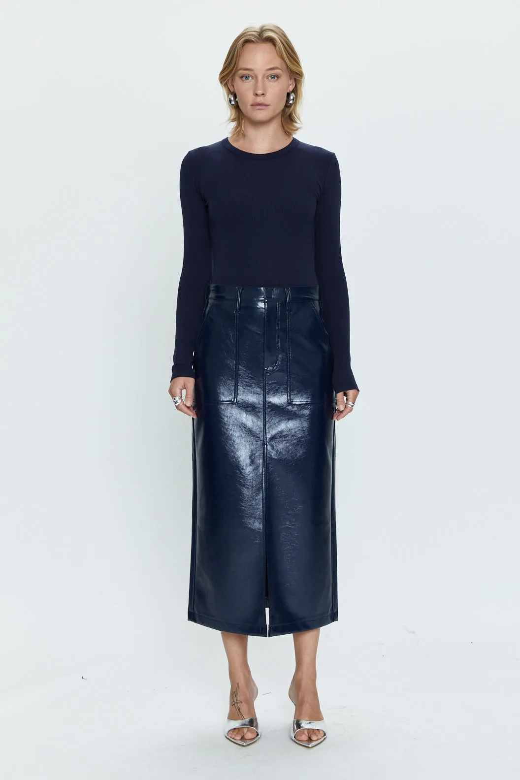 Pistola Alice Utility Midi Skirt in Navy Vinyl