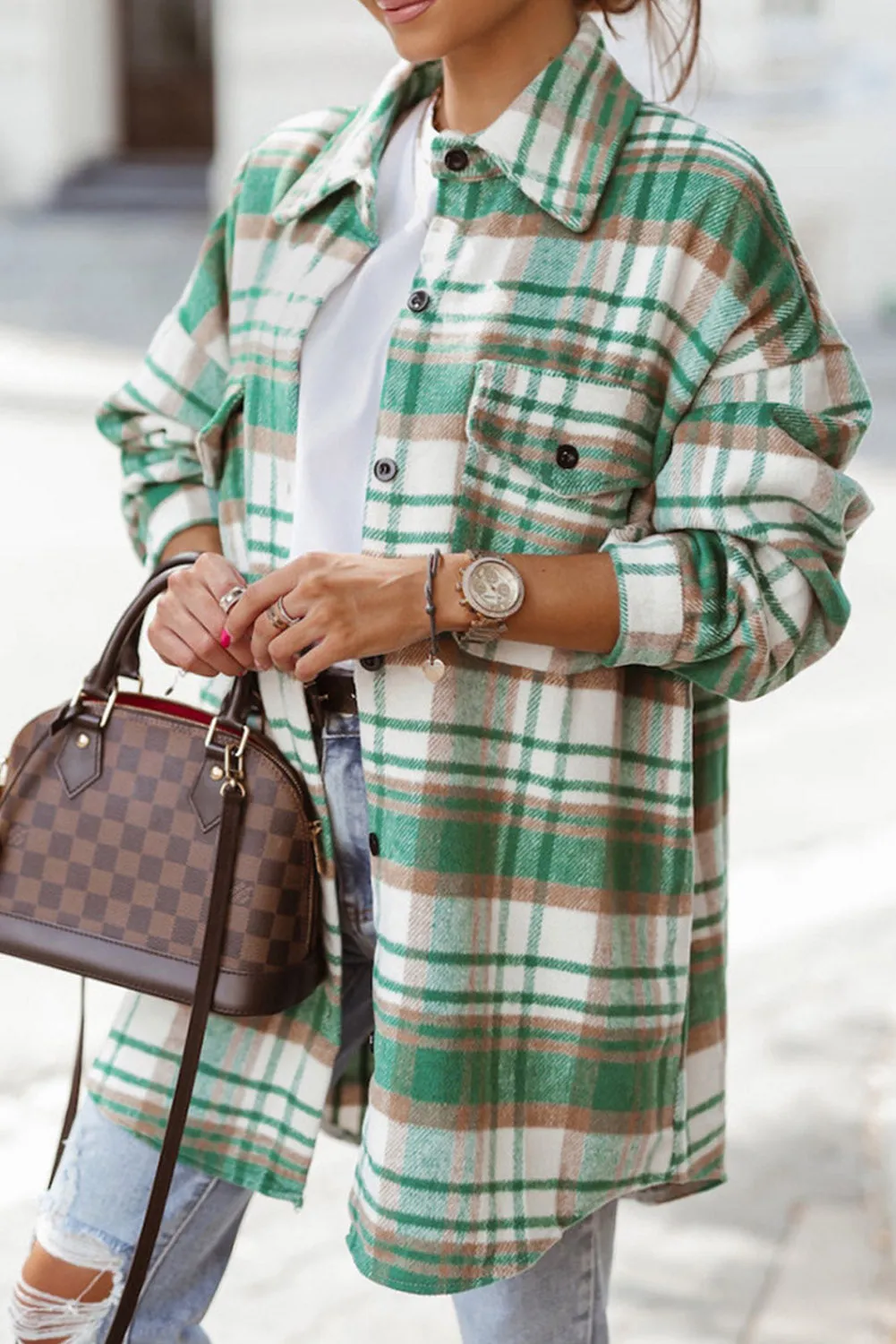 Plaid Flap Pocket Buttoned Shacket